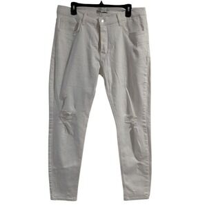 Zara Women's White Distressed Button Fly Slim Fit Ripped Knee Jeans USA 36